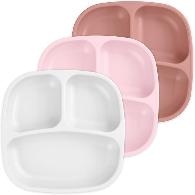 Re-Play Made in USA 7" Deep Walled Divided Plates for Kids, Set of 3 - Reusable 3 Compartment Plates, Dishwasher and Microwave Safe - 7.37" x 7.37" x 1.25", Blossom