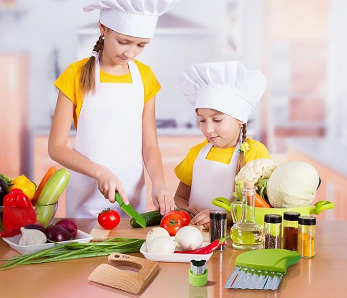 Kids Safe Knives Set, 30 Pieces Kids Wooden Kitchen Knife Kits for Real Cooking with Cutting Board, Peeler, Potato Slicer, Fruit Cutters Shapes and Fork Picks, Dishwasher Safe