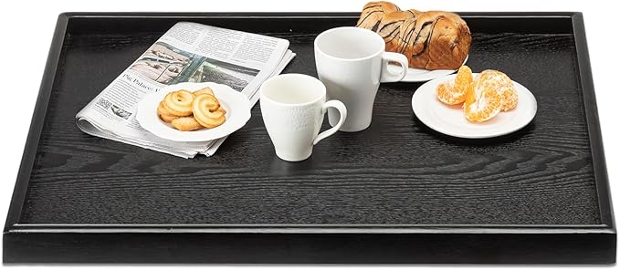 32 x 20 Inches Extra Large Solid Wood Serving Tray for Tea Coffee Table Snack Food Meals Serving Plate Kitchen Party Bar Breakfast Server with Raised Edges Black Wooden Decorative Ottoman Tray