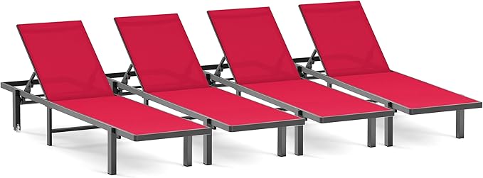 Pool Chaise Lounge Chair Set of 4, Outdoor Lounge Chairs with Wheels, 5-Position Adjustable Sun Loungers for Outside, Deck, Beach, Red