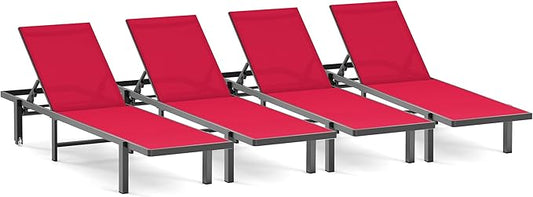 Pool Chaise Lounge Chair Set of 4, Outdoor Lounge Chairs with Wheels, 5-Position Adjustable Sun Loungers for Outside, Deck, Beach, Red