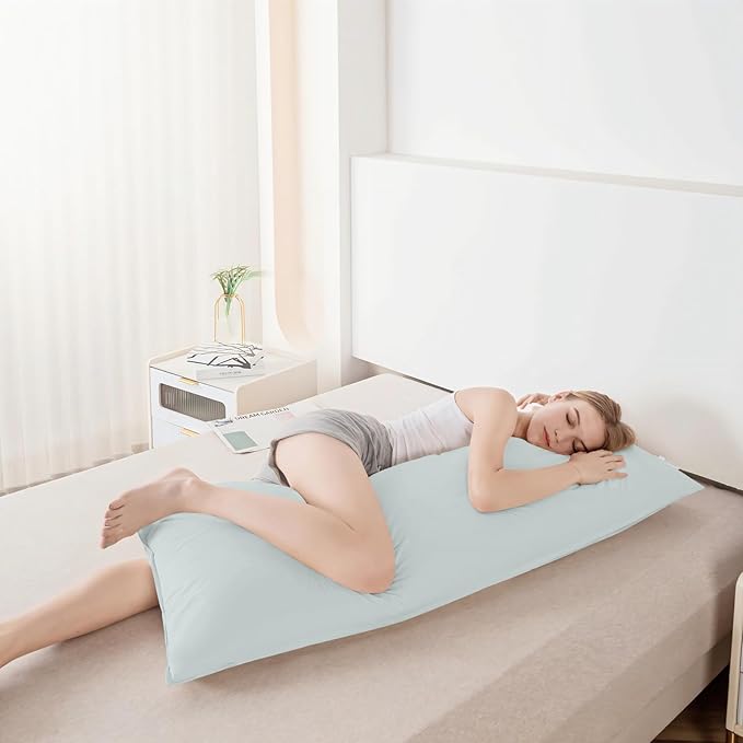 Goose Down Body Pillows for Adults, Large Body Pillow for Side Sleeper, Hugging Feather Body Pillow Insert, Cooling Full Length Long Pillow for Bed with 100% Organic Cotton Shell, 20"x72" Baby Blue