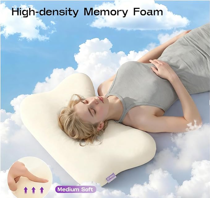 Side Sleeper Pillows for Adults - Patented Cervical Neck Pillow for Sleeping - High Density Extra Soft Ergonomic Curved Memory Foam Pillow, Cooling Pillowcase (Beige)