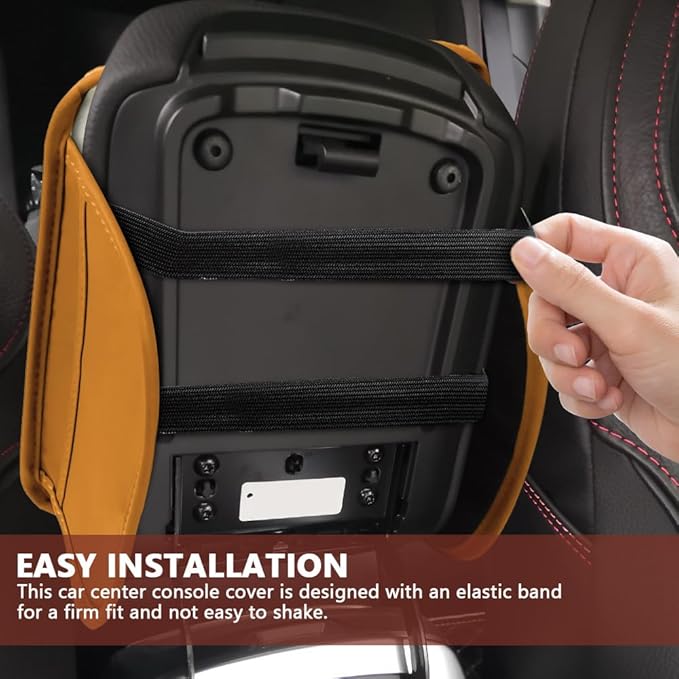 ongfuwu Car Center Console Cover, 12"×7.87" Waterproof Leather Auto Armrest Cover Protector with 2 Pocket, Comfortable Arm Rest Box Cushion Pad, Universal Interior Car Accessories (Yellow)