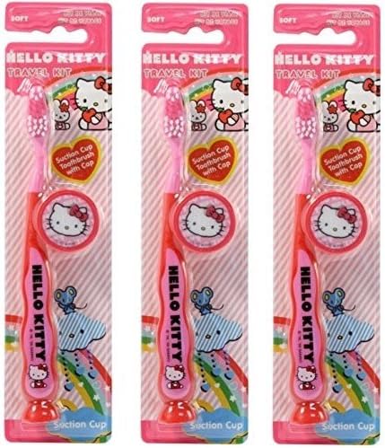 Hello Kitty Children's Tooth Brush (Pack of 3) With Cap and Suction - Toothbrush Designs Vary - Premium Quality