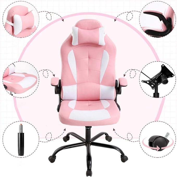 Gaming Chair Office Chair Desk Chair with Lumbar Support Flip Up Arms Headrest Swivel Rolling Adjustable PU Leather Racing Computer Chair for Girls,Pink