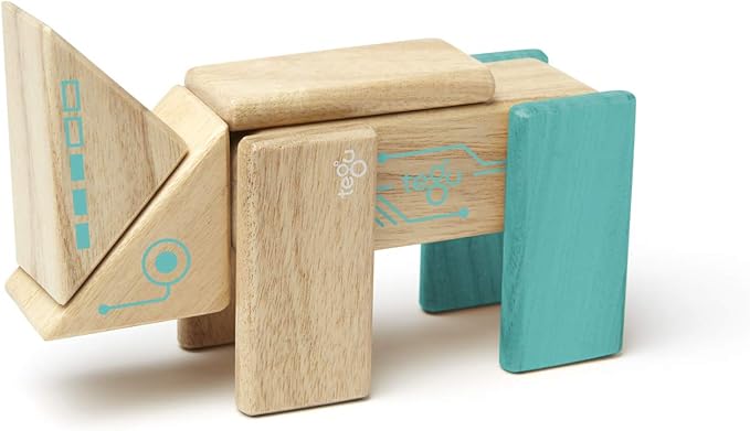 Tegu Robo Magnetic Wooden Block Set, Electric Aqua, 8 PIECE