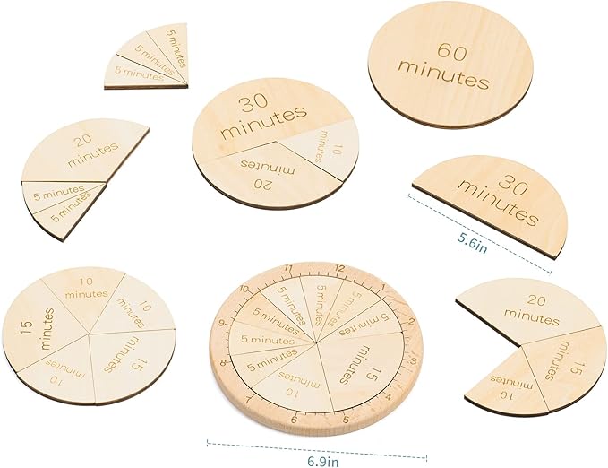 Wooden Montessori Fraction Clock Toy, Math Learning Time Teaching Materials, Set an Hour of Puzzles with Minute Tiles, Learning Clock for Kids