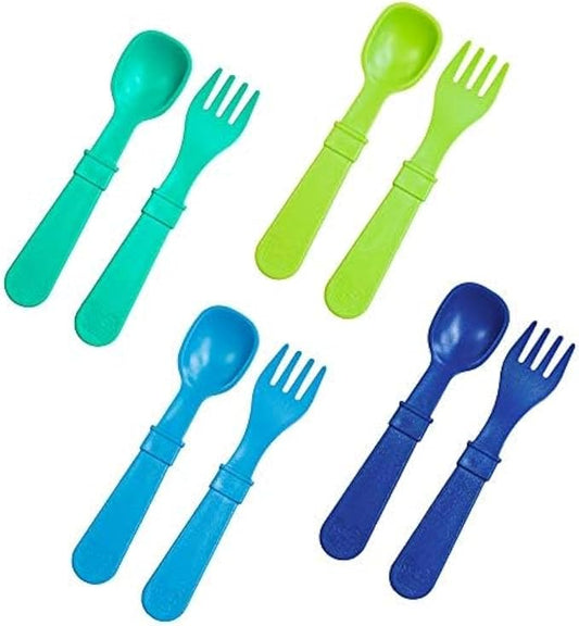 Re-Play Made in USA Toddler Forks and Spoons, Pack of 8 Without Carrying Case - 4 Kids Forks with Rounded Tips and 4 Deep Scoop Toddler Spoons - 0.2" Thick Toddler Utensils, Under The Sea