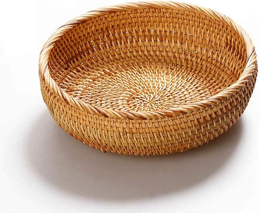 Hadewoven Round Rattan Fruit Basket Wicker Food Tray Weaving Storage Holder Dinning Room Bowl, 8 Inch Small Bread Baskets Tray for Serving with Deep Wall, Brown (Small 7.48”)