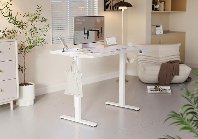 YDN Electric Standing Desk Adjustable Height, 55 x 24 Inches Stand up Desk with Cable Management, Home Office Desks with Splice Board & White Frame, White Top