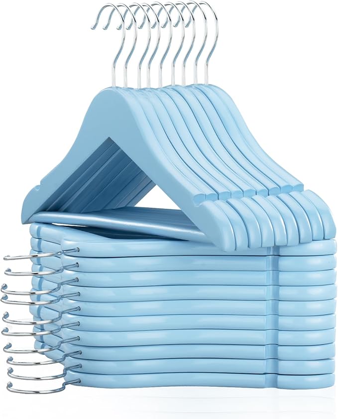 FairyHaus Kids Wooden Hangers 20Pack Blue, 12.8 Inch Baby Wooden Hangers for Closet, Anti-Rust 360° Swivel Hook, Notches & Smooth Finish, Natural Solid Wood Childrens Hangers for Clothes