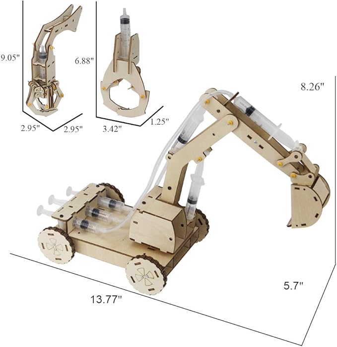 Mini Tudou 3D Wooden Construction Excavator Vehicle Toys Set, STEM Science Kit with Air Pressure System to Build A Wood Excavator Model Including 3 Replaceable Gripper & Digger for Kids Boys Girls