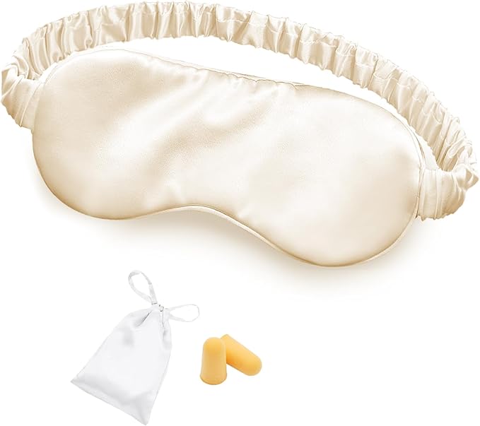 Silk Sleep Mask Eye Mask Blindfold with Double Layer Silk Filling and Elastic Strap for Full Night's Sleep, Travel and Nap, Soft Eye Cover Eyeshade with Luxury Bag and Ear Plugs (Champagne)