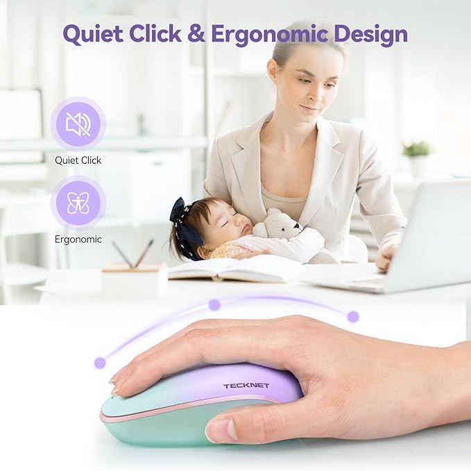 TECKNET Wireless Mouse, 2.4G Quiet Computer Mouse with USB Receiver, 4 Buttons Portable Cordless Mice for Chromebook, Laptop, PC, Mac, 800/1200/1600 DPI