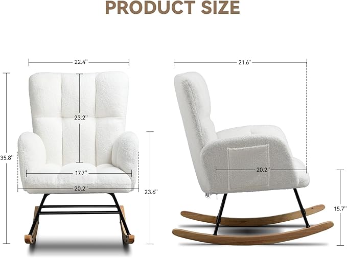 COMHOMA Nursery Rocking Chair, Teddy Upholstered Glider Rocking Chair with Side Pockets, Accent Chair with High Backrest Reading Chair for Adult, Nursery, Bedroom, Living Room,Offices (White)