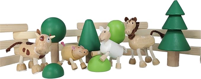 TEKOR Wooden Bendable Farm Animal Toys (Set of 4) | Ages 3 & Up | Early Education Toy Animals for Kids | Fun Montessori Toys | Smooth Natural Wood | Endless Play for Girls & Boys | Non-Toxic Paint |