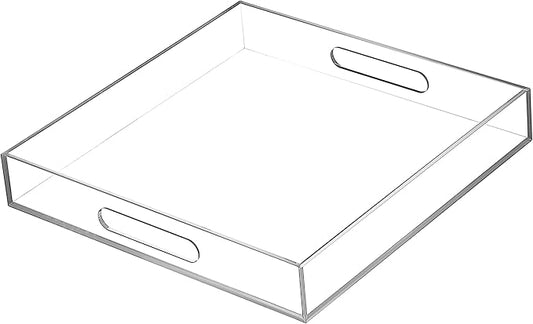 BEYLANG Clear Sturdy Acrylic Serving Tray with Handles-12x12 Inch-Serving Coffee,Appetizer,Breakfast,Butler-Kitchen Countertop Makeup Drawer Organizer-Vanity Table,Ottoman Tray