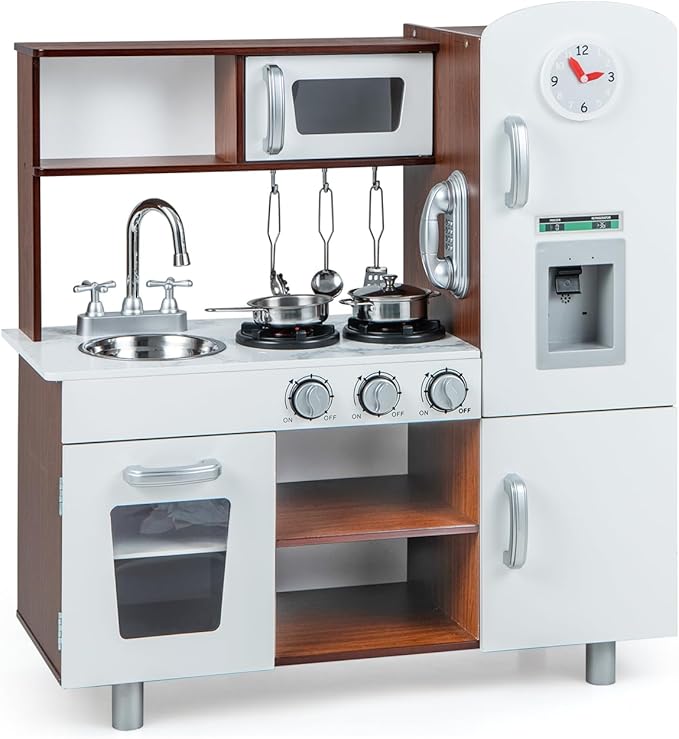 Costzon Kitchen Playset for Kids, Wooden Pretend Cooking Kitchen w/Utensils, Oven, Cabinets, Faucet, Sink & Telephone, Toddlers Play Kitchen Set with Accessories, Gift for Age 3+ (Brown)