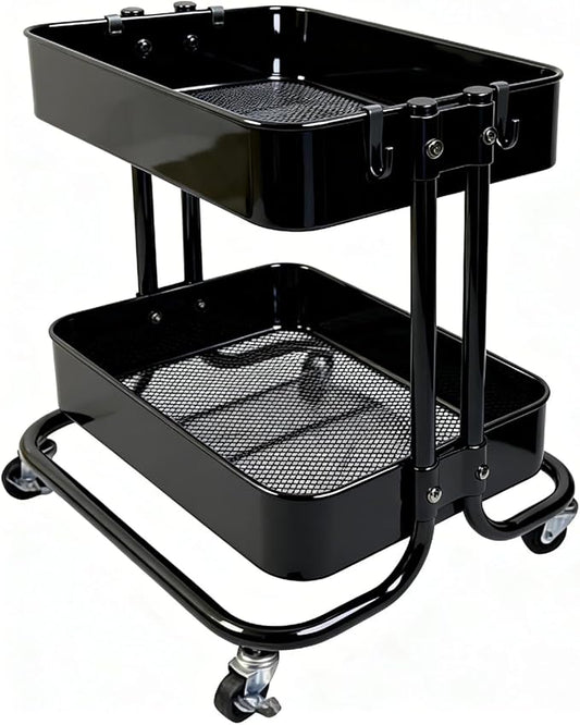 LiWNYRK 2 Tier Cart with Wheels Heavy Duty Metal Rolling Storage Cart for Under Desk Storage, Short Small Utility Shelf for Pantry Kitchen Bathroom Laundry, Home Organizer with Large Basket, Black