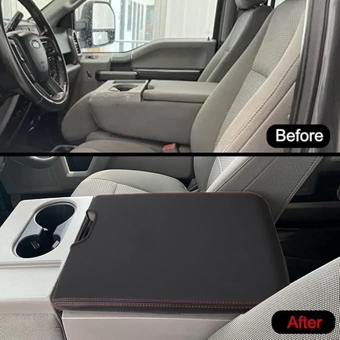 XITER 1PC Leather Center Console Armrest Cover Waterproof Protector Cover for 2015-2026 F150 2017-2026 F250 F350 F450 Super Duty with 40/20/40 Jump Seat(Red Stitches)