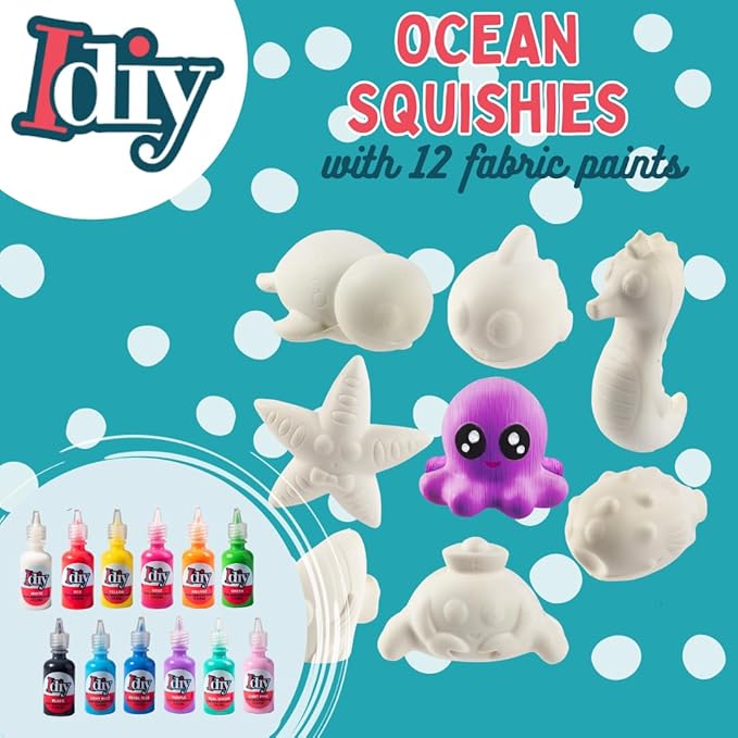 Idiy DIY Party Craft Kit Jumbo Ocean Pals Squishies (8 Unique Sea Animals w 12 Fabric Paints) -White Kawaii Scented Slow Rise Squishy Toys, Scented Stress Relief, Kids Birthday Activity Gift (4"-6")