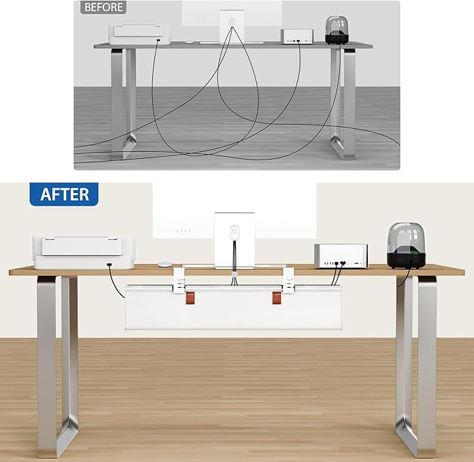 Zilink Under Desk Cable Management 30" No Drill Desk Cable Management Tray Clamp/Screw Mount Cable Tray Sturdy Waterproof Fabric Cord Organizer for Office, Home, White