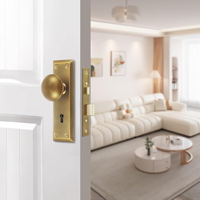 Mortise Lock Set for Interior Door, Vintage Antique Brass Door Knobs with Lock and Skeleton Key, Replacing Old Style Doors