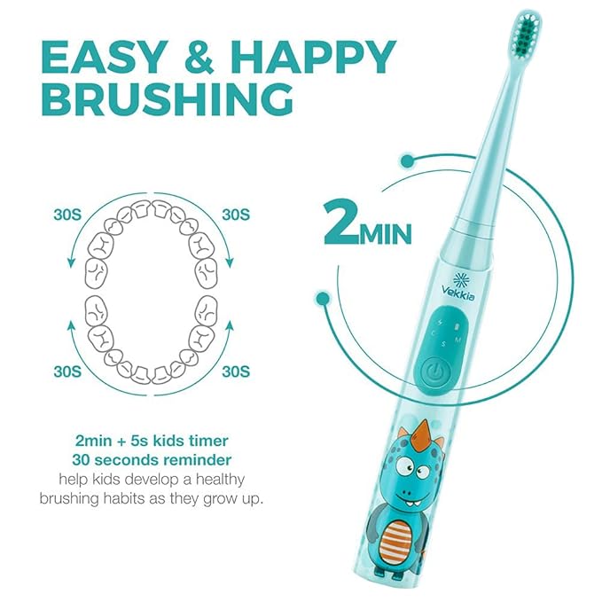 Vekkia Sonic Rechargeable Kids Electric Toothbrush, 3 Modes with Memory, Fun & Easy Cleaning, 24000 Strokes, IPX7 Waterproof, 2-Min Timer for Age 5+, 4 Soft Bristles(Blue)