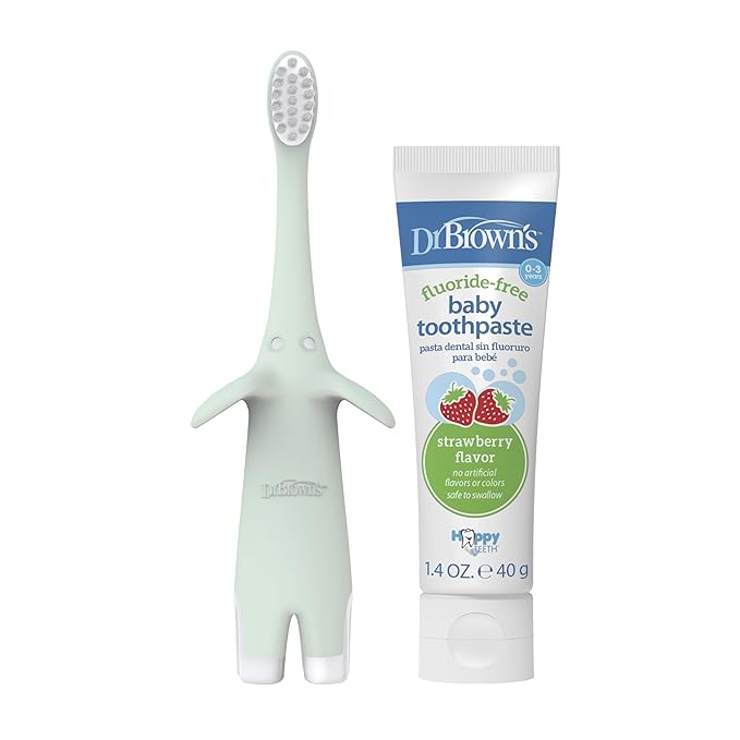 Dr. Brown's Infant-to-Toddler Training Toothbrush Set, Mint Elephant with Fluoride-Free Strawberry Baby Toothpaste, 0-3 Years (Styles May Vary)
