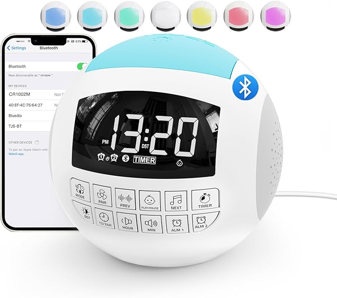 42 Sound White Noise Machine for Kids Adult Baby Sleeping + Bluetooth + Nightlight, Lullaby/Nature Soothing Sounds, 2 Alarm Clock for Bedroom Home, Adjustable Volume, 15-480 Timer, USB & AC Powered…