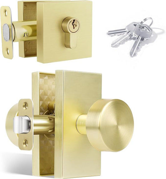 Keyed Alike Satin Brass Door Knob with Deadbolt, Exterior Front Gold Door Locks and Single Cylinder Deadbolt