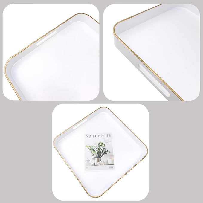 Omuriko White Square Decorative Tray with Handles, 13"*13" Versatile Serving Tray for Coffee Table, Ottoman, Ideal for Serving, Displaying, Organizing
