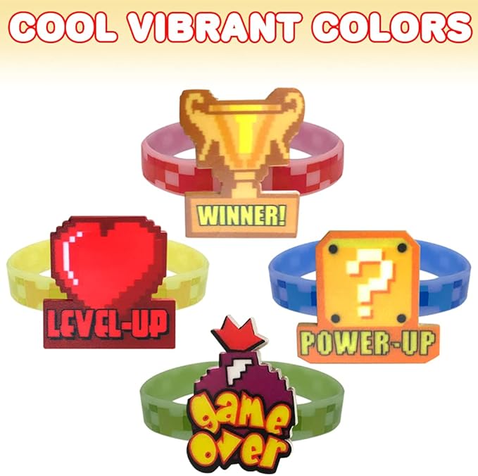 ArtCreativity Power Up Rubber Bracelets for Kids, Set of 12, Colorful Stretchy Rubber Wristbands with Classic Video Game Icons, Fun Birthday Party Favors, Goodie Bag Fillers, Carnival Prize