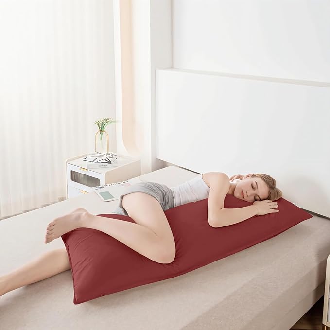 Goose Down Body Pillows for Adults, Large Body Pillow for Side Sleeper, Hugging Feather Body Pillow Insert, Cooling Full Length Long Pillow for Bed with 100% Organic Cotton Shell, (Burgundy 20"x60")