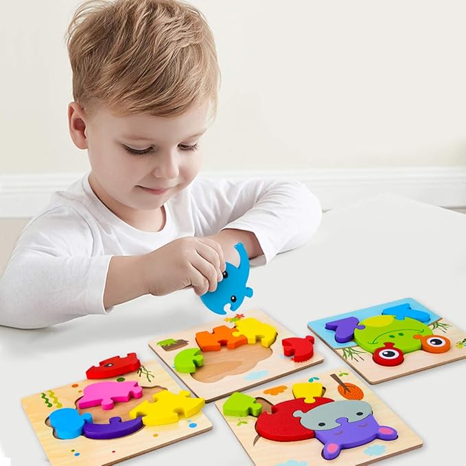 SKYFIELD Wooden Animal Toddler Puzzles for 1 2 3 Years Old Boys & Girls, Baby STEM Educational Toy Gift with 4 Animals Montessori Bright Color Shapes Learning Puzzles,Great Gift Ideas for 1-3