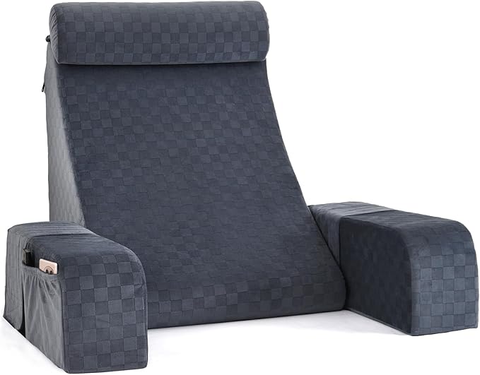 Vekkia 21" Large Reading Pillow with Adjustable Arms & Headrest – Wide Backrest Cushion for Adults with Extra-Large Pockets for Reading, TV, Gaming & Work, Recovery on Bed & Floor, 21"(Grace Grey)
