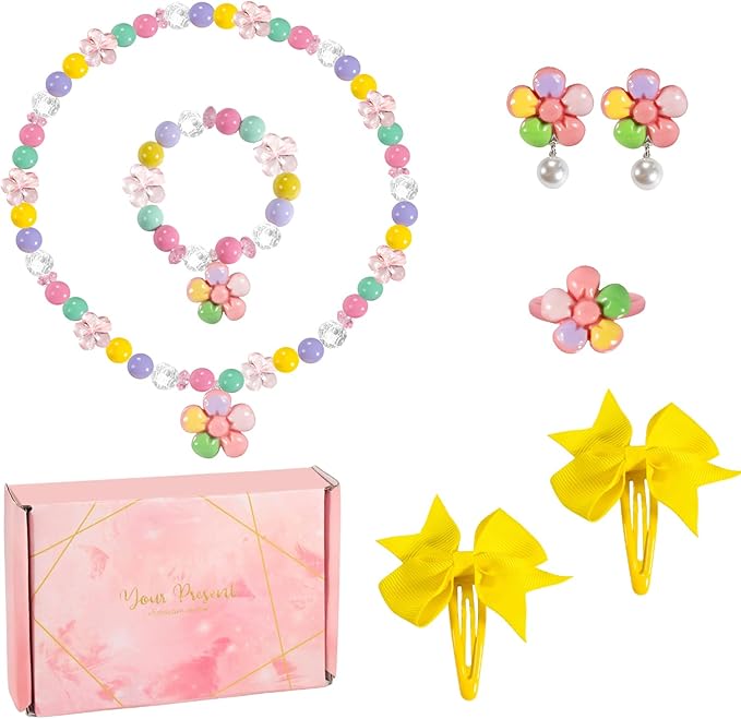 Handmade Unique Flower Pendant Kids Jewelry Set for Little Girls Toddler - Stretch Necklace Bracelets Rings Clip On Earrings - Bow Hair Clips - Birthday Party Costume Dress Up w/Gift Box Bags