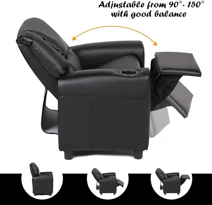 Costzon Kids Recliner Chair with Cup Holder, Toddler Furniture Children Armrest Sofa w/Headrest & Footrest for Girls Boys Baby Bedroom, Kids Room, PU Leather Kids Recliner Couch (Black)