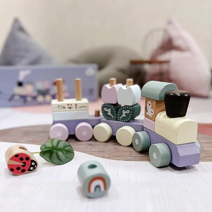 Wooden Stacking Train Toy Set,Wooden Building Blocks Train with Shape Sorter Early Learning Gift for Toddlers Boys Girls 12 Months and up