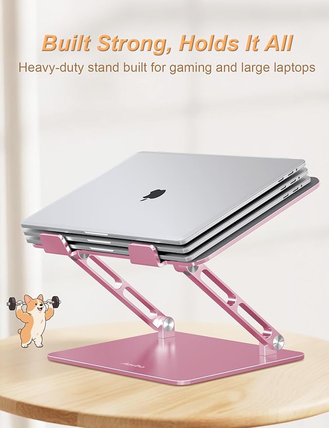 Aluminum Laptop Stand for Desk, Height-Adjustable Riser, Sturdy Ergonomic Holder with Puppy Shaped Vents for Heat Dissipation, Fits 10"-17.3" MacBook Air/Pro, Dell, HP, Lenovo, Rose Gold