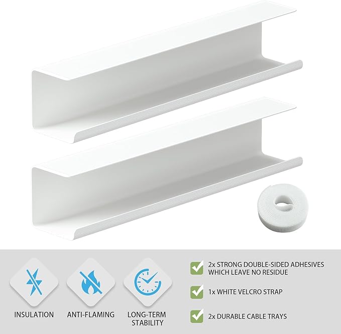 2 Pack No-Screw Cable Management Under Desk, Self-Adhesive Cord Organizer, Wire Management Tray for Office and Home (White)