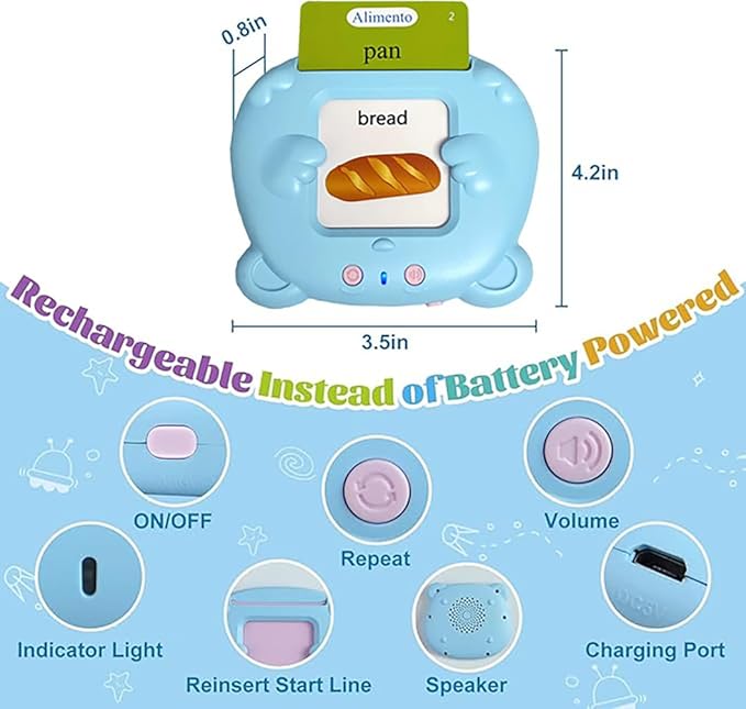 RT&BS Spanish Talking Flash Cards for Toddlers, Bilingual English Spanish Flash Cards for Kids, Spanish Flash Cards for Kids, Gift for Kids Children, 510 Sight Words Pink Bear