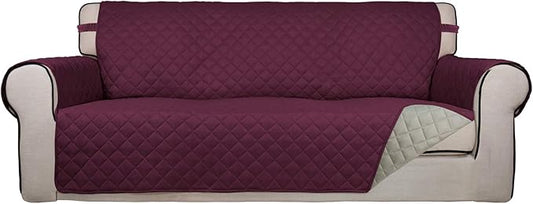 PureFit Reversible Quilted Sofa Cover, Water Resistant Slipcover Furniture Protector, Washable Couch Cover with Non Slip and Elastic Straps for Kids, Dogs, Pets (Oversized Sofa, Wine/Beige)