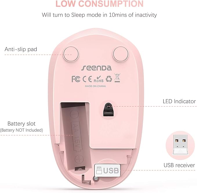 seenda Wireless Mouse, 2.4G Noiseless Mouse with USB Receiver Portable Computer Mice for PC, Tablet, Laptop, Notebook - Pink & White
