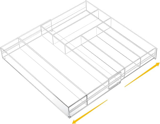 Briwooody 1 Pcs Acrylic Drawer Organizer 9'' up to 18'' x 15'' x 2'' Expandable Drawer Organizer Pens Notebook Ruler Makeup Tray with 7 Adjustable Compartments for Desk Office Kitchen Bathroom(Clear)