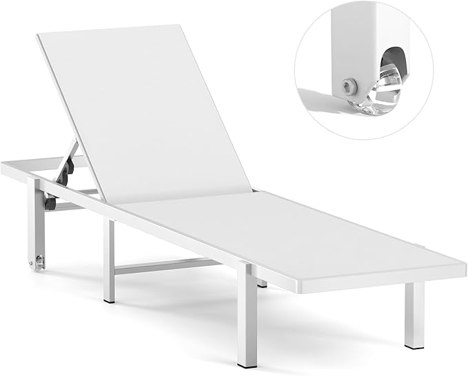Aluminum Chaise Lounge Chair Outdoor with Wheels, Patio Lounge Chair with Adjustable 5-Position Recliner and Full Flat Tanning Chair for Patio, Beach, Pool, White