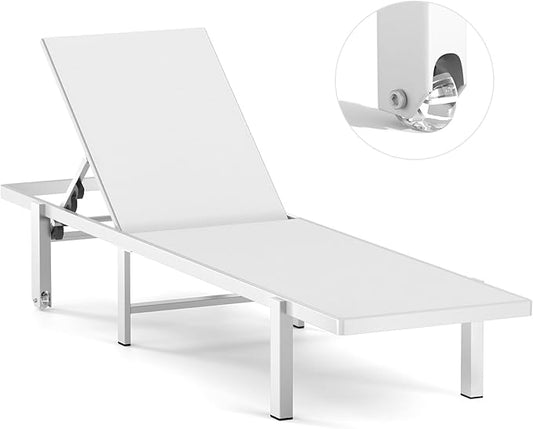 Aluminum Chaise Lounge Chair Outdoor with Wheels, Patio Lounge Chair with Adjustable 5-Position Recliner and Full Flat Tanning Chair for Patio, Beach, Pool, White
