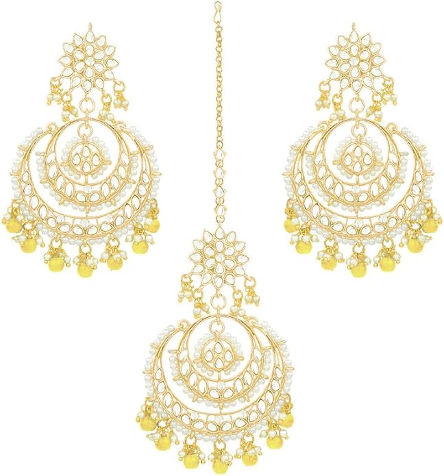 Aheli Bollywood Ethnic Chandbali Style Big Earrings Maang Tikka Set Traditional Fashion Jewelry Gift for Women