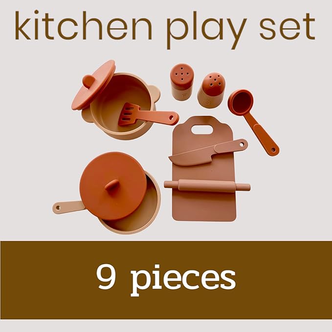 Food-Grade Silicone Kid Play Kitchen Accessories – 9Pcs Kids Toy Kitchen Accessories Set with Play Pots and Pans – Sets for Kids Kitchen Pretend Play – Pretend Play Kitchen Toy Set for Cooking